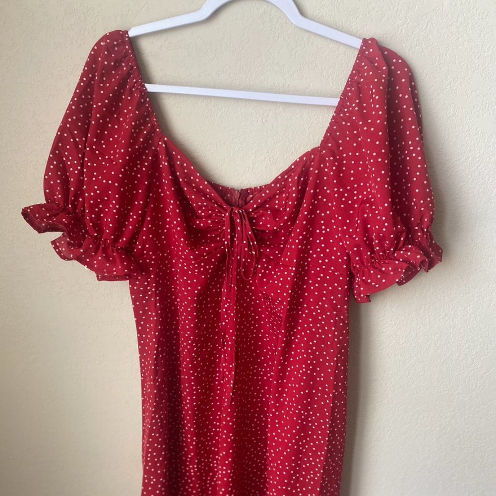 Lightweight Red Polka Dot Flare Dress with Puff Sleeves, Size XL